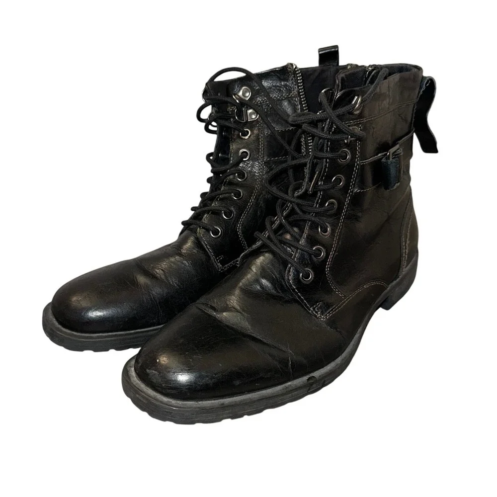 Aston‎ Grey Rockcastle 2 Mens 9 Black Leather Combat Boots Side Zip Buckle Lug